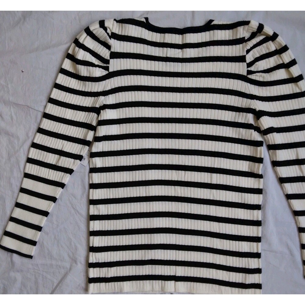 NWT Nine West Ribbed Puff Sleeve Sweater Ivory Black Stripes Long Sleeve XL - Picture 9 of 12